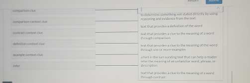 comparison clue
to determine something not stated directly by using
reasoning and evidence from the text
comperison context cluo text that ormides a definition of the word 
contrast context clue text that provides a clue to the meaning of a word.
through comparison
defnition context clue text that prmides a clue to the meaning of the word
examn ie cont e s t c l e through one or more examples
infer infer the meaning of an unfamiliar word, phrase, or
description
text that provides a clue to the meaning of a word
through contras