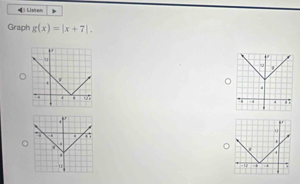 Listen 
Graph g(x)=|x+7|.