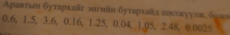 Αравтын бутархaйг энгийн бутархайа шнекγγак, боаоν
0.6, 1.5, 3.6, 0.16, 1.25, 0.04, 1.05, 2.48, 0.0025