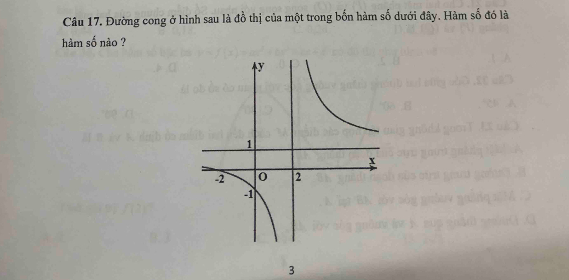 Đường cong ở hình sau là đồ thị của một trong bốn hàm số dưới đây. Hàm số đó là 
hàm số nào ? 
3