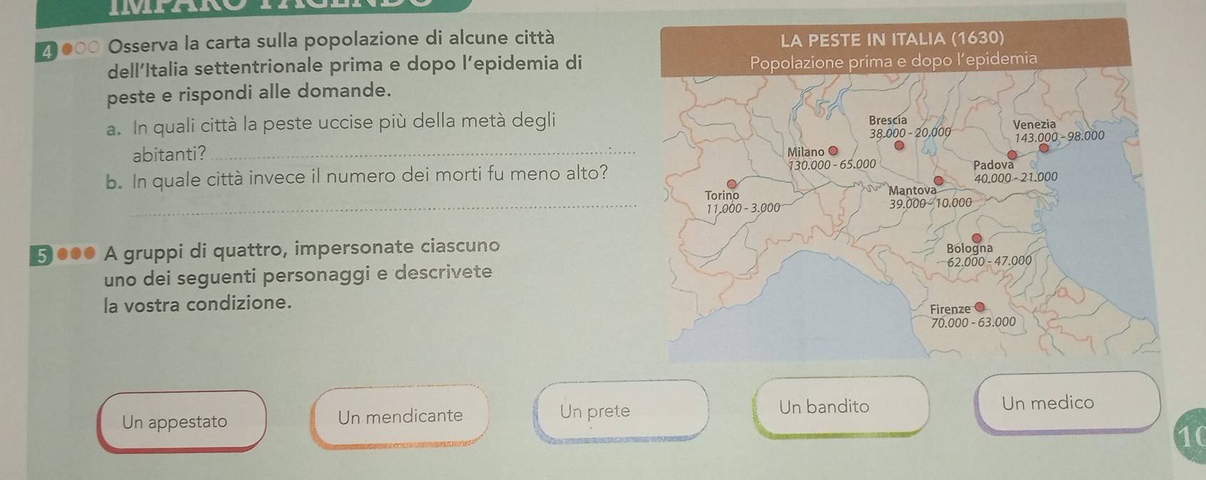 IMHANO
000 Osserva la carta sulla popolazione di alcune città
dell’Italia settentrionale prima e dopo l’epidemia di
peste e rispondi alle domande.
a. In quali città la peste uccise più della metà degli
abitanti? _
b. In quale città invece il numero dei morti fu meno alto?
_
500● A gruppi di quattro, impersonate ciascuno
uno dei seguenti personaggi e descrivete
la vostra condizione.
Un appestato Un mendicante Un prete Un bandito
Un medico