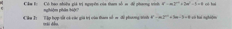 lệ Câu 1: Có bao nhiêu giá trị nguyên của tham số m để phương trình 4^x-m.2^(x+1)+2m^2-5=0 có hai 
C 
nghiệm phân biệt? 
Câu 2: Tập hợp tất cả các giá trị của tham số m để phương trình 4^x-m.2^(x+1)+3m-3=0 có hai nghiệm 
trái đấu.