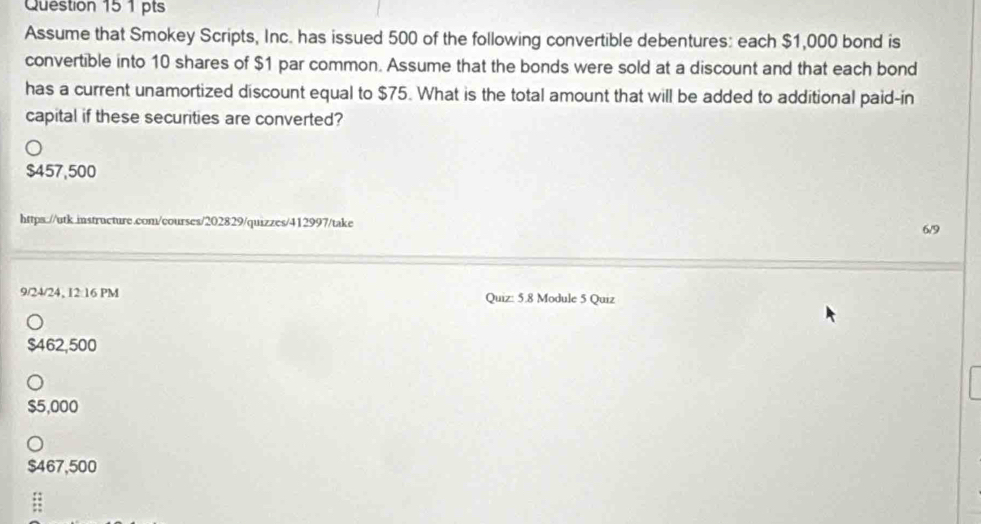 Assume that Smokey Scripts, Inc. has issued 500 of the following convertible debentures: each $1,000 bond is
convertible into 10 shares of $1 par common. Assume that the bonds were sold at a discount and that each bond
has a current unamortized discount equal to $75. What is the total amount that will be added to additional paid-in
capital if these securities are converted?
$457,500
https://utk.instructure.com/courses/202829/quizzes/412997/take
9/24/24, 12:16 PM Quiz: 5.8 Module 5 Quiz
$462,500
$5,000
$467,500
: