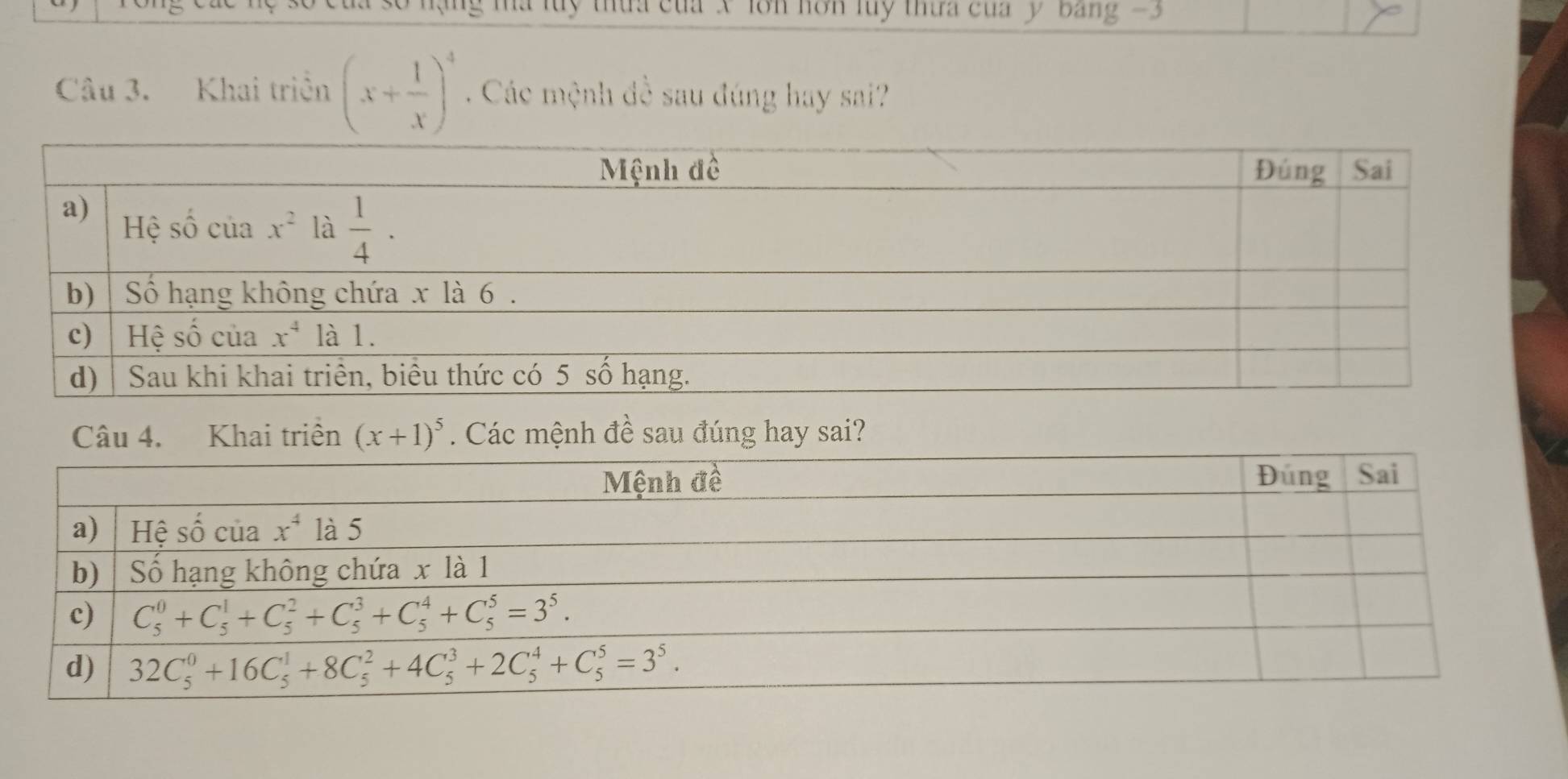 ng ma luy thứa của x lon hơn luy thứa của y bang - 3
Câu 3. Khai triển (x+ 1/x )^4. Các mệnh đề sau đúng hay sai?
u 4. Khai triển (x+1)^5.  Các mệnh đề sau đúng hay sai?