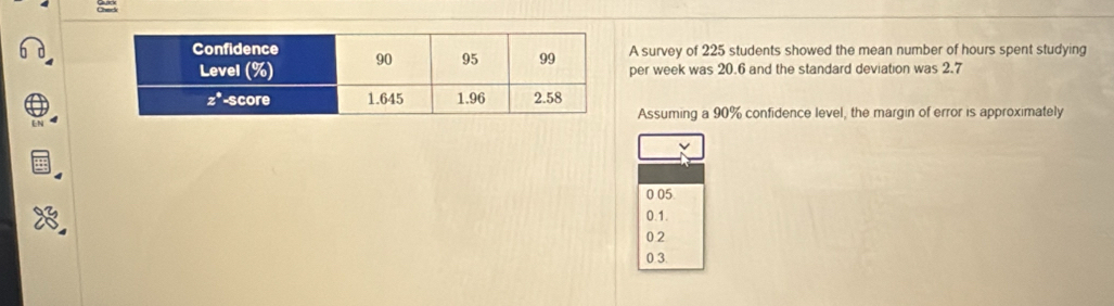 A survey of 225 students showed the mean number of hours spent studying
per week was 20.6 and the standard deviation was 2.7
Assuming a 90% confidence level, the margin of error is approximately
0 05
0.1.
0.2
0 3