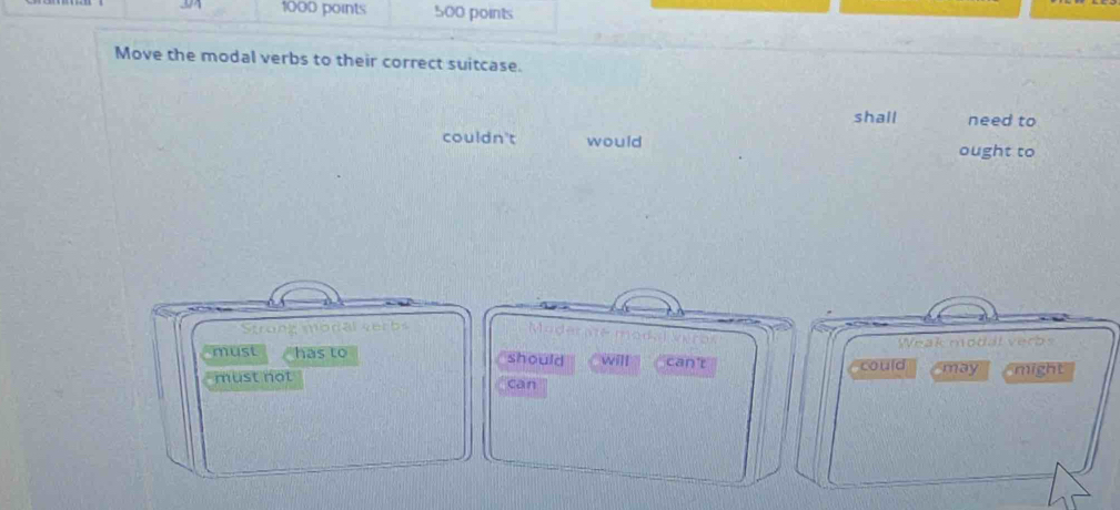 Move the modal verbs to their correct suitcase.
shall need to
couldn't would ought to
Strong modal serbs
Moderae modal veros
Weak modal verbs
must has to should will can't could Emay might
must not can