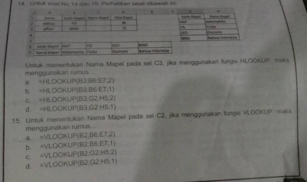 Untuk soal No 14 dan 15. Peratikan tabel dibawah ini.
c D 1
τ 645a Rindo Mayser Hama Mapel Nilai Rapor Rode Mepal Nama ltapel
2 wishiyy Ret MAT hste rhila
1 affian ND Fsika
Ekoriami
4
ND Rañasa Indonesia
5
6 Kode Mapel FI5
? Nama Mapel Matemalika Ekonomi Bahasa Indonesia
Untuk menentukan Nama Mapel pada sel C3, jika menggunakan fungsi HLOOKUP maka
menggunakan rumus...
a. =HLOOKUP(B3:B6:E7;2)
b. =HLOOKL P(B3,B6:E7:1)
C. =HLOOK UF (B3(B3;G2:H5;2)
d. =HLOOKI P(B3;G2:H5;1)
15. Untuk menentukan Nama Mapel pada sel C2, jika menggunakan fungsi VLOOKUP maka
menggunakan rumus...
a. =VLOOKUF (B2;B6:E7:2)
b. =VLOOKUF (B2;B6;E7;1)
C. = LOOKUP (B2;G2:H5;2)
d. = VLOOKUP (B2;G2:H5;1)