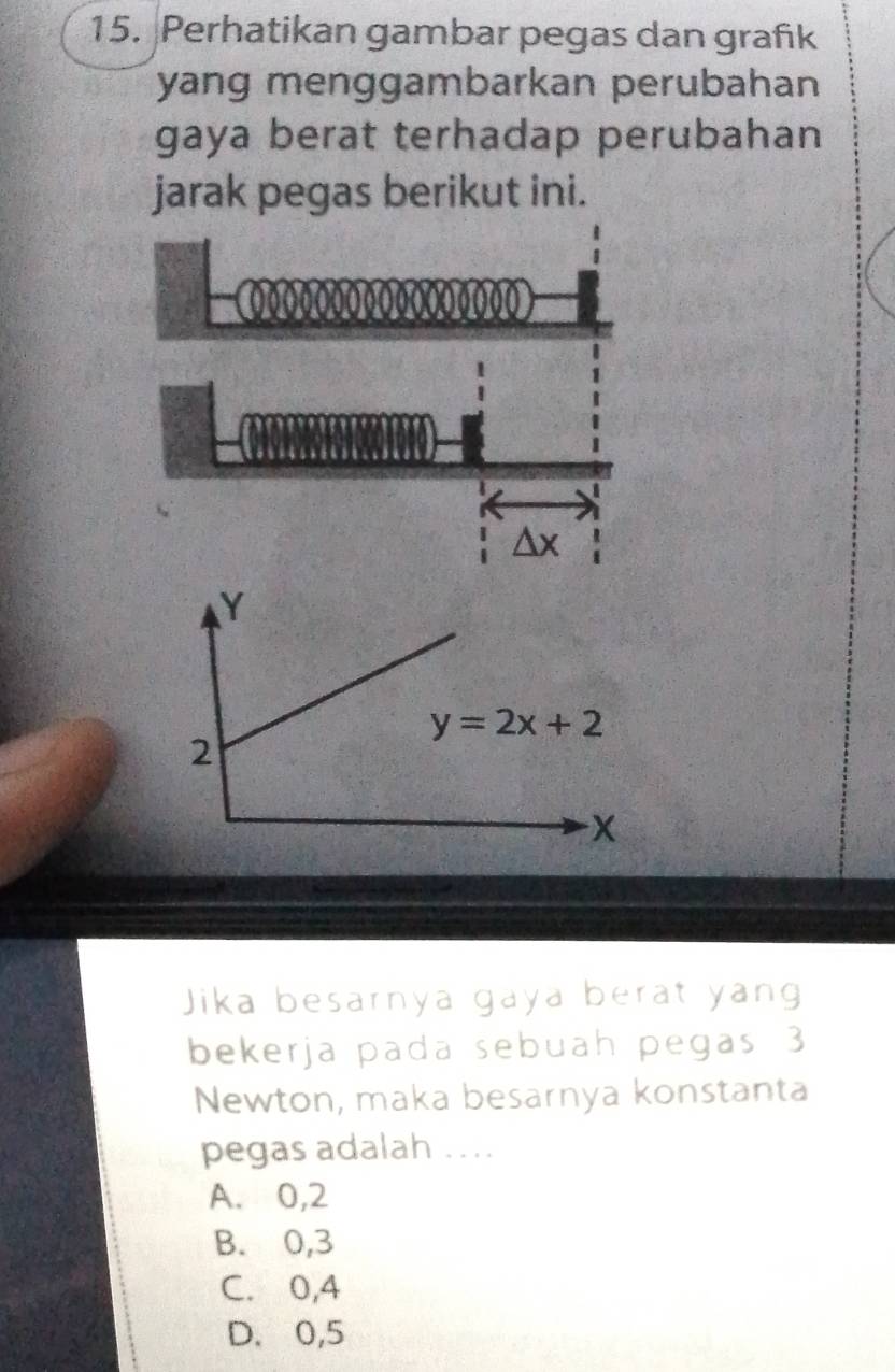 Perhatikan gambar pegas dan grañk
yang menggambarkan perubahan
gaya berat terhadap perubahan
jarak pegas berikut ini.
Jika besarnya gaya berat yang
bekerja pada sebuah pegas 3
Newton, maka besarnya konstanta
pegas adalah ....
A. 0,2
B. 0,3
C. 0,4
D. 0,5