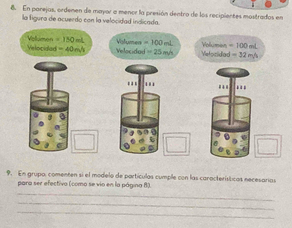 En parejas, ordenen de mayor a menor la presión dentro de los recipientes mostrados en 
la figura de acuerdo con la velocidad indicada. 
Volumen =150mL Volumen =100mL Volumen =100mL
Velocidad =40m/s Velocidad =25m/s Velocidad =32m/s
9. En grupo, comenten si el modelo de partículas cumple con las características necesarias 
para ser efectivo (como se vio en la página 8). 
_ 
_ 
_