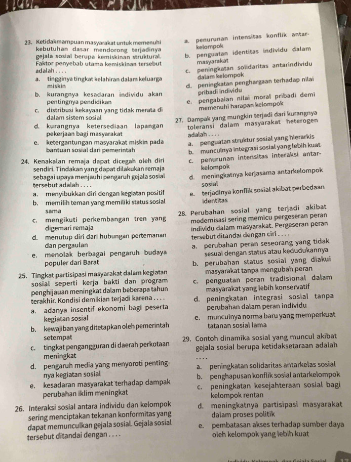 Ketidakmampuan masyarakat untuk memenuhi a. penurunan intensitas konflik antar-
kebutuhan dasar mendorong terjadinya
kelompok
gejala sosial berupa kemiskinan struktural. b. penguatan identitas individu dalam
Faktor penyebab utama kemiskinan tersebut masyarakat
adalah . . . .
c. peningkatan solidaritas antarindividu
a. tingginya tingkat kelahiran dalam keluarga dalam kelompok
miskin
b. kurangnya kesadaran individu akan d. peningkatan penghargaan terhadap nilai
pribadi individu
pentingnya pendidikan
e. pengabaian nilai moral pribadi demi
c. distribusi kekayaan yang tidak merata di memenuhi harapan kelompok
dalam sistem sosial
27. Dampak yang mungkin terjadi dari kurangnya
d. kurangnya ketersediaan lapangan toleransi dalam masyarakat heterogen
pekerjaan bagi masyarakat
e. ketergantungan masyarakat miskin pada adalah . . . .
a. penguatan struktur sosial yang hierarkis
bantuan sosial dari pemerintah
24. Kenakalan remaja dapat dicegah oleh diri b. munculnya integrasi sosial yang lebih kuat
c. penurunan intensitas interaksi antar-
sendiri. Tindakan yang dapat dilakukan remaja kelompok
sebagai upaya menjauhi pengaruh gejala sosial d. meningkatnya kerjasama antarkelompok
tersebut adalah . . . . sosial
a. menyibukkan diri dengan kegiatan positif
b. memilih teman yang memiliki status sosial e. terjadinya konflik sosial akibat perbedaan
identitas
sama
c. mengikuti perkembangan tren yang 28. Perubahan sosial yang terjadi akibat
modernisasi sering memicu pergeseran peran
digemari remaja
d. menutup diri dari hubungan pertemanan individu dalam masyarakat. Pergeseran peran
tersebut ditandai dengan ciri . . . .
dan pergaulan
e. menolak berbagai pengaruh budaya a. perubahan peran seseorang yang tidak
sesuai dengan status atau kedudukannya
populer dari Barat b. perubahan status sosial yang diakui
25. Tingkat partisipasi masyarakat dalam kegiatan masyarakat tanpa mengubah peran
sosial seperti kerja bakti dan program c. penguatan peran tradisional dalam
penghijauan meningkat dalam beberapa tahun masyarakat yang lebih konservatif
terakhir. Kondisi demikian terjadi karena . . . . d. peningkatan integrasi sosial tanpa
a. adanya insentif ekonomi bagi peserta perubahan dalam peran individu
kegiatan sosial e. munculnya norma baru yang memperkuat
b. kewajiban yang ditetapkan oleh pemerintah tatanan sosial lama
setempat
c. tingkat pengangguran di daerah perkotaan 29. Contoh dinamika sosial yang muncul akibat
meningkat gejala sosial berupa ketidaksetaraan adalah
d. pengaruh media yang menyoroti penting- a. peningkatan solidaritas antarkelas sosial
nya kegiatan sosial b. penghapusan konflik sosial antarkelompok
e. kesadaran masyarakat terhadap dampak c. peningkatan kesejahteraan sosial bagi
perubahan iklim meningkat kelompok rentan
26. Interaksi sosial antara individu dan kelompok d. meningkatnya partisipasi masyarakat
sering menciptakan tekanan konformitas yang dalam proses politik
dapat memunculkan gejala sosial. Gejala sosial e. pembatasan akses terhadap sumber daya
tersebut ditandai dengan . . . . oleh kelompok yang lebih kuat