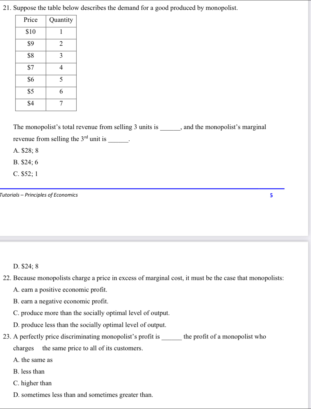 Suppose the table below describes the demand for a good produced by monopolist.
The monopolist’s total revenue from selling 3 units is _, and the monopolist’s marginal
revenue from selling the 3^(rd) unit is
_
A. $28; 8
B. $24; 6
C. $52; 1
Tutorials - Principles of Economics 5
D. $24; 8
22. Because monopolists charge a price in excess of marginal cost, it must be the case that monopolists:
A. earn a positive economic profit.
B. earn a negative economic profit.
C. produce more than the socially optimal level of output.
D. produce less than the socially optimal level of output.
23. A perfectly price discriminating monopolist’s profit is _the profit of a monopolist who
charges the same price to all of its customers.
A. the same as
B. less than
C. higher than
D. sometimes less than and sometimes greater than.