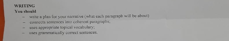 WRITING 
You should 
— write a plan for your narrative (what each paragraph will be about) 
connects sentences into coherent paragraphs; 
uses appropriate topical vocabulary; 
— uses grammatically correct sentences.