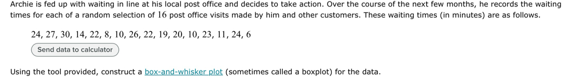 Archie is fed up with waiting in line at his local post office and decides to take action. Over the course of the next few months, he records the waiting 
times for each of a random selection of 16 post office visits made by him and other customers. These waiting times (in minutes) are as follows.
24, 27, 30, 14, 22, 8, 10, 26, 22, 19, 20, 10, 23, 11, 24, 6
Send data to calculator 
Using the tool provided, construct a box-and-whisker plot (sometimes called a boxplot) for the data.