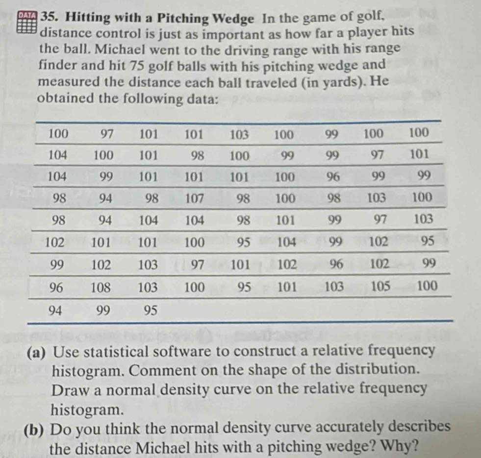 DATA 35. Hitting with a Pitching Wedge In the game of golf, 
distance control is just as important as how far a player hits 
the ball. Michael went to the driving range with his range 
finder and hit 75 golf balls with his pitching wedge and 
measured the distance each ball traveled (in yards). He 
obtained the following data: 
(a) Use statistical software to construct a relative frequency 
histogram. Comment on the shape of the distribution. 
Draw a normal density curve on the relative frequency 
histogram. 
(b) Do you think the normal density curve accurately describes 
the distance Michael hits with a pitching wedge? Why?