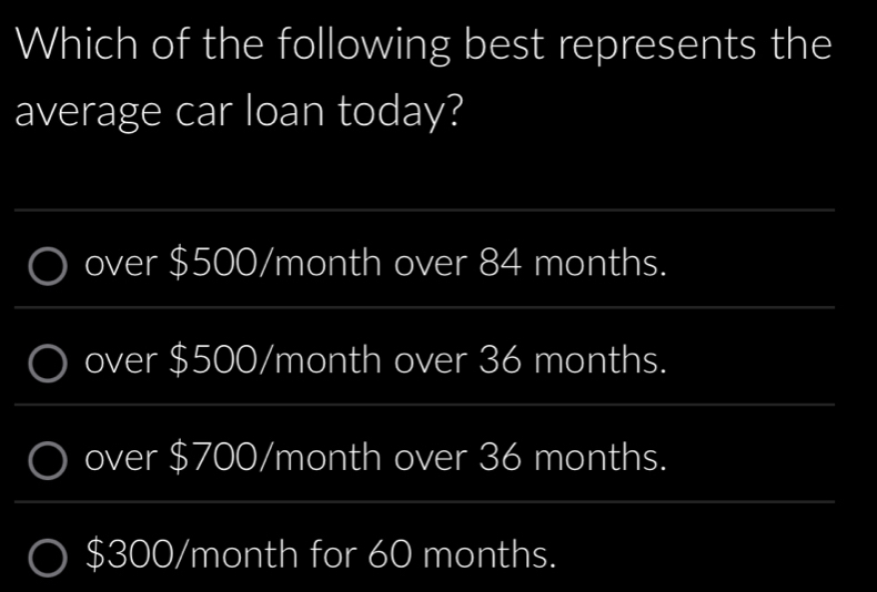 Which of the following best represents the
average car loan today?
_
over $500/month over 84 months.
_
over $500/month over 36 months.
_
_
over $700/month over 36 months.
_
_
_
_
$300/month for 60 months.