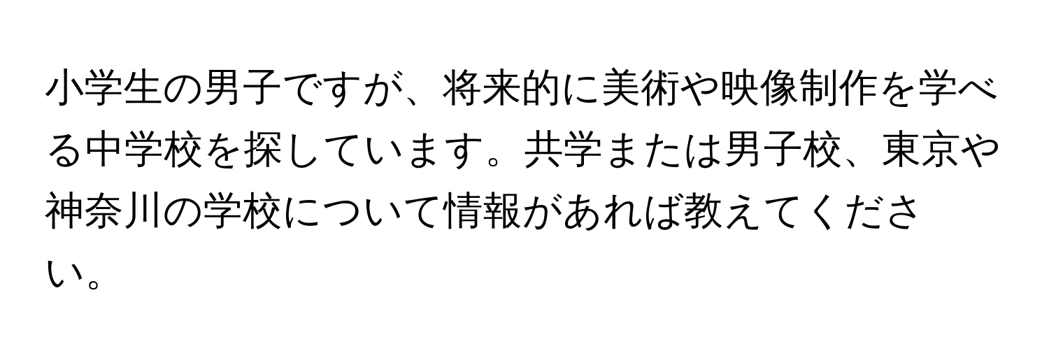 小学生の男子ですが、将来的に美術や映像制作を学べる中学校を探しています。共学または男子校、東京や神奈川の学校について情報があれば教えてください。