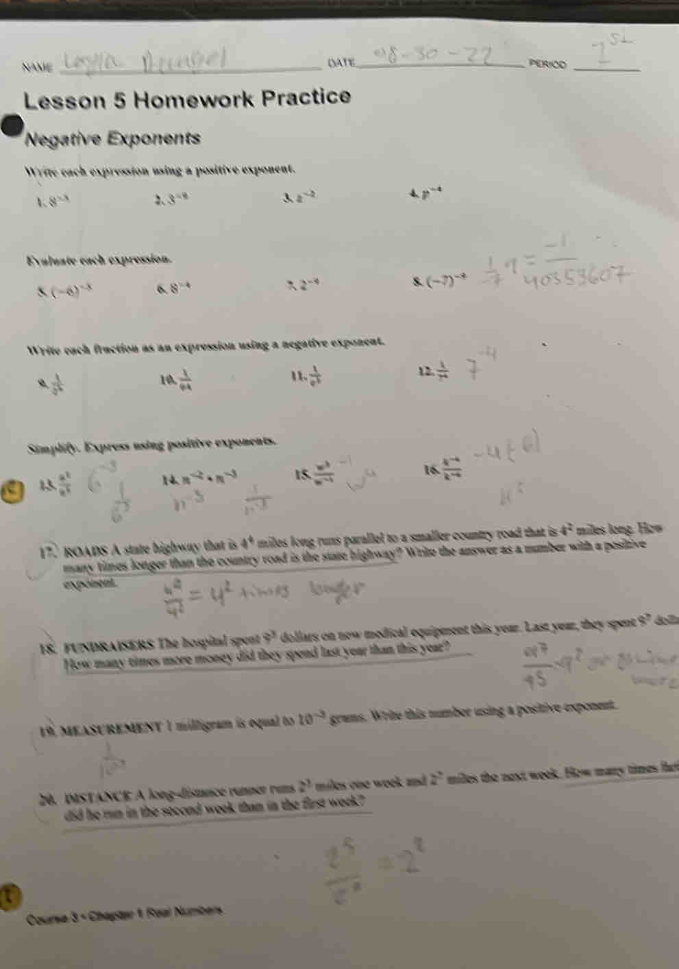 Solved: NAME _DATE_ PERIOD_ Lesson 5 Homework Practice Negative ...