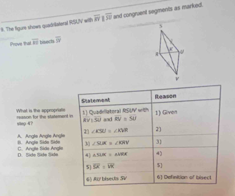 The figure shows quadrilateral RSUV with overline RVparallel overline SU and congruent segments as marked.
S
Prove that overline RU bisects overline SV
 K
R U
v
Statement Reason
What is the appropriate 1) Quadrilateral RSUV with 1) Given
reason for the statement in
step 4? overline RVparallel overline SU and overline RV≌ overline SU
2) ∠ KSU≌ ∠ KVR 2)
A. Angle Angle Angle
B. Angle Side Side 3 ∠ SUK=∠ KRV 3)
C. Angle Side Angle
D. Side Side Side 4) △ SUK=△ VRK 4)
5) overline SK=overline VK 5)
6) RU bisects SV 6) Definition of bisect