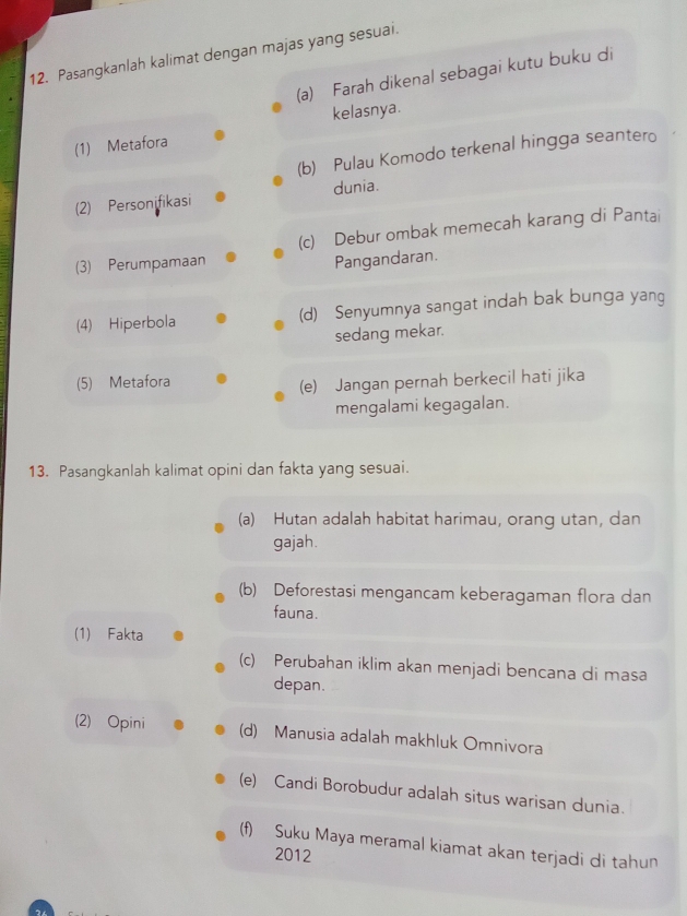 Pasangkanlah kalimat dengan majas yang sesuai. 
(a) Farah dikenal sebagai kutu buku di 
kelasnya. 
(1) Metafora 
(b) Pulau Komodo terkenal hingga seantero 
(2) Personifikasi dunia. 
(3) Perumpamaan (c) Debur ombak memecah karang di Pantai 
Pangandaran. 
(4) Hiperbola (d) Senyumnya sangat indah bak bunga yang 
sedang mekar. 
(5) Metafora 
(e) Jangan pernah berkecil hati jika 
mengalami kegagalan. 
13. Pasangkanlah kalimat opini dan fakta yang sesuai. 
(a) Hutan adalah habitat harimau, orang utan, dan 
gajah. 
(b) Deforestasi mengancam keberagaman flora dan 
fauna. 
(1) Fakta 
(c) Perubahan iklim akan menjadi bencana di masa 
depan. 
(2) Opini 
(d) Manusia adalah makhluk Omnivora 
(e) Candi Borobudur adalah situs warisan dunia. 
(f) Suku Maya meramal kiamat akan terjadi di tahun 
2012