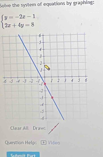 Solve the system of equations by graphing:
beginarrayl y=-2x-1 2x+4y=8endarray.
- 
Clear All Draw: 
Question Help: * Vídeo 
Submít Part