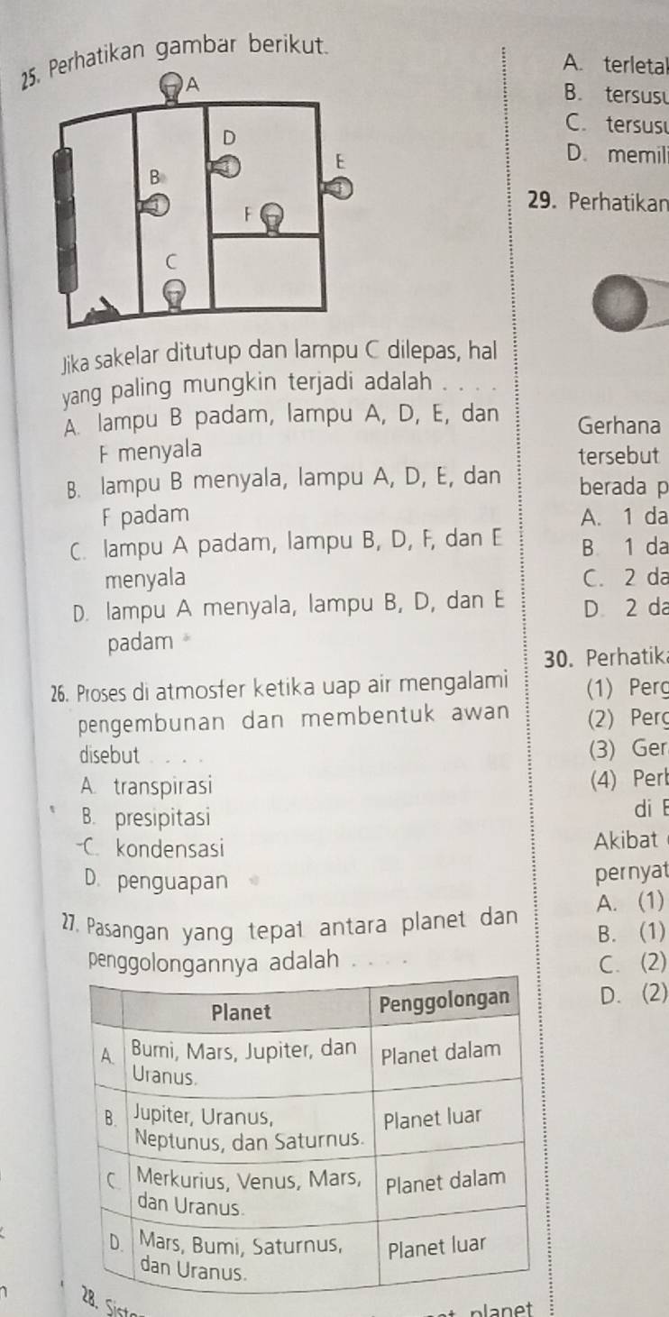 Perhatikan gambar berikut.
A. terletal
B. tersusu
C. tersus
D. memil
29. Perhatikan
Jika sakelar ditutup dan lampu C dilepas, hal
yang paling mungkin terjadi adalah
A. lampu B padam, lampu A, D, E, dan Gerhana
F menyala tersebut
B. lampu B menyala, lampu A, D, E, dan berada p
F padam A. 1 da
C. lampu A padam, lampu B, D, F, dan E B 1 da
menyala C. 2 da
D. lampu A menyala, lampu B, D, dan E D 2 da
padam
30. Perhatik
26. Proses di atmosfer ketika uap air mengalami (1) Perg
pengembunan dan membentuk awan 2) Perg
disebut (3) Ger
A. transpirasi (4) Perl
B. presipitasi
di
C. kondensasi Akibat
D. penguapan
pernyat
A. (1)
27. Pasangan yang tepat antara planet dan B. (1)
penggadalah C. (2)
D. (2)
planet