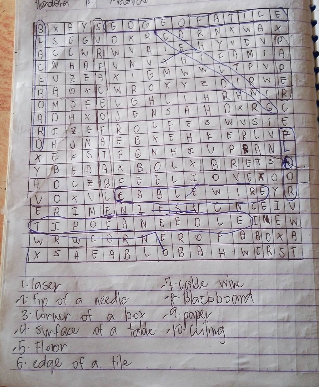 Hordere P 
C E 
n fip of a needle 8- Blackboard 
3. corner of a box a. paper 
4. surface of a table 1o'Ckiling 
, 5. Fovor 
6. edge of a. file