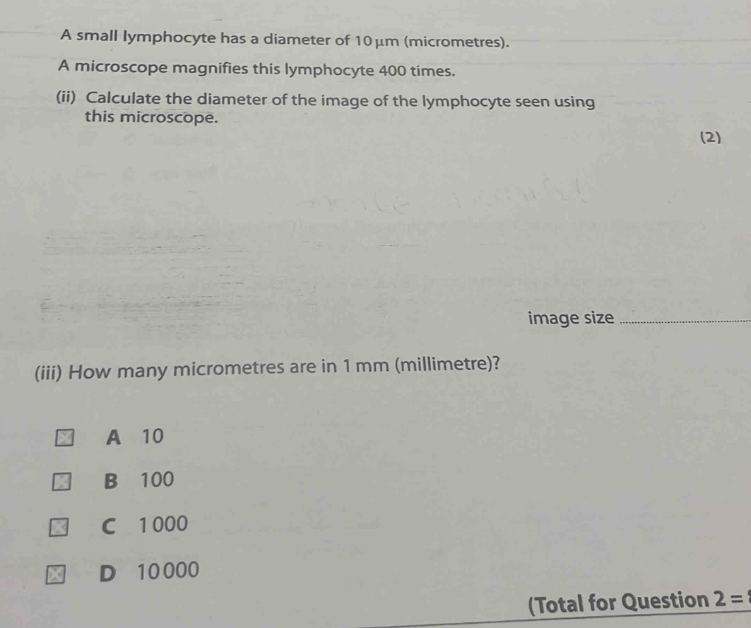 Solved: A small lymphocyte has a diameter of 10μm (micrometres). A ...