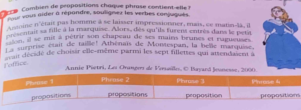 Combien de propositions chaque phrase contient-elle? 
Pour vous aider à répondre, soulignez les verbes conjugués. 
Antoine n'était pas homme à se laisser impressionner, mais, ce matin-là, il 
présentait sa fille à la marquise. Alors, dès qu'ils furent entrés dans le petit 
salon, il se mit à pétrir son chapeau de ses mains brunes et rugueuses. 
La surprise était de taille! Athénaïs de Montespan, la belle marquise, 
avait décidé de choisir elle-même parmi les sept fillettes qui attendaient à 
l’office. 
Annie Pietri, Les Orangers de Versailles, © Bayard Jeunesse, 2000.