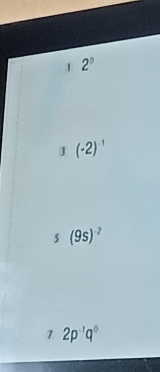 2^0
J (-2)^-1
5 (9s)^-2
7 2p^(-1)q^0