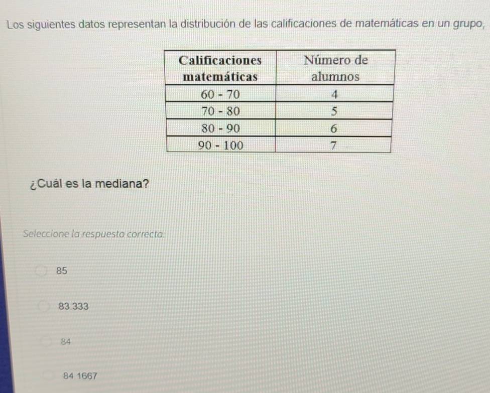 Los siguientes datos representan la distribución de las calificaciones de matemáticas en un grupo,
¿Cuál es la mediana?
Seleccione la respuesta correcta:
85
83.333
84
84 1667