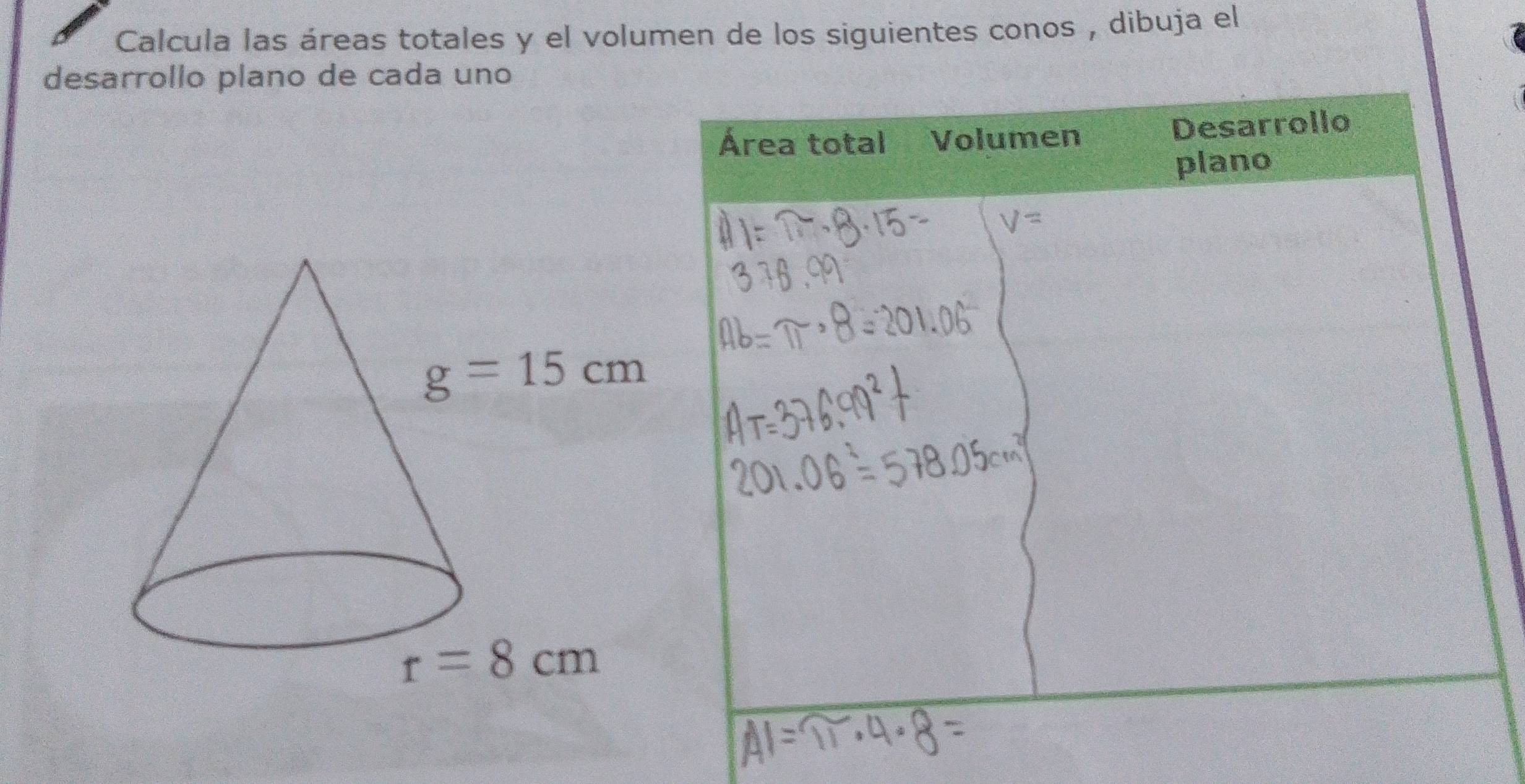 Calcula las áreas totales y el volumen de los siguientes conos , dibuja el
desarrollo plano de cada uno
Área total Volumen Desarrollo
plano
V=