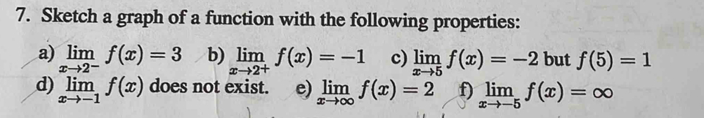 Sketch a graph of a function with the following properties: 
a) limlimits _xto 2^-f(x)=3 b) limlimits _xto 2^+f(x)=-1 c) limlimits _xto 5f(x)=-2 but f(5)=1
d) limlimits _xto -1f(x) does not exist. e) limlimits _xto ∈fty f(x)=2 f) limlimits _xto -5f(x)=∈fty