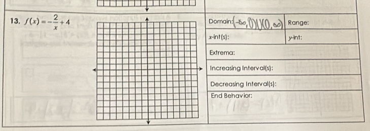 f(x)=- 2/x +4 Domain: Range:
x -int(s): y -int: 
Extrema: 
Increasing Interval(s): 
Decreasing Interval(s): 
End Behavior: