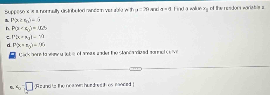 Suppose x is a normally distributed random variable with mu =29 and sigma =6 Find a value x_0 of the random variable x.
a. P(x≥ x_0)=5
b. P(x
c. P(x>x_0)=10
d. P(x>x_0)=95
= Click here to view a table of areas under the standardized normal curve
a. x_0=□ (Roundtothene arest hundredth as needed.)