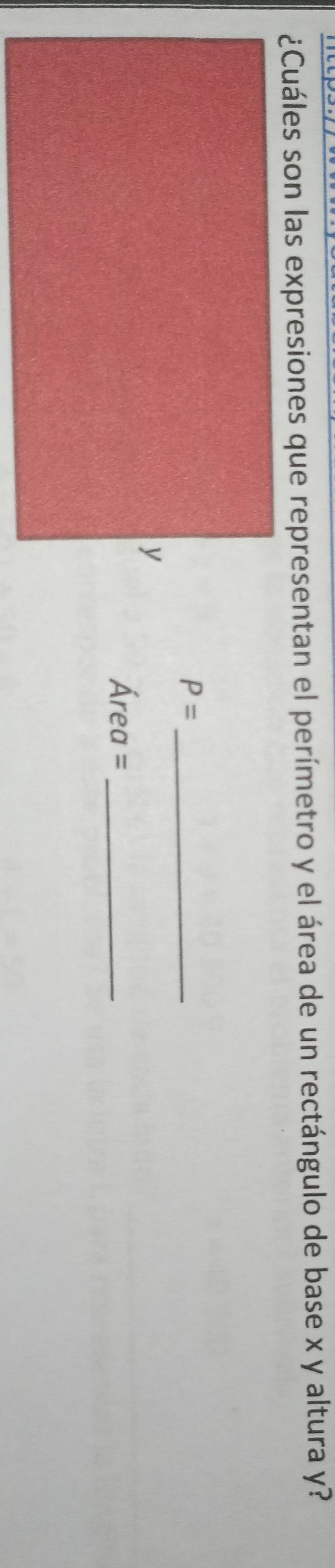 ¿Cuáles son las expresiones que representan el perímetro y el área de un rectángulo de base x y altura y?
P= _
Área = _