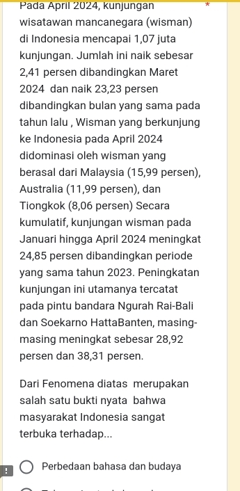 Pada April 2024, kunjungan * 
wisatawan mancanegara (wisman) 
di Indonesia mencapai 1,07 juta 
kunjungan. Jumlah ini naik sebesar
2,41 persen dibandingkan Maret
2024 dan naik 23,23 persen 
dibandingkan bulan yang sama pada 
tahun lalu , Wisman yang berkunjung 
ke Indonesia pada April 2024 
didominasi oleh wisman yang 
berasal dari Malaysia (15,99 persen), 
Australia (11,99 persen), dan 
Tiongkok (8,06 persen) Secara 
kumulatif, kunjungan wisman pada 
Januari hingga April 2024 meningkat
24,85 persen dibandingkan periode 
yang sama tahun 2023. Peningkatan 
kunjungan ini utamanya tercatat 
pada pintu bandara Ngurah Rai-Bali 
dan Soekarno HattaBanten, masing- 
masing meningkat sebesar 28,92
persen dan 38,31 persen. 
Dari Fenomena diatas merupakan 
salah satu bukti nyata bahwa 
masyarakat Indonesia sangat 
terbuka terhadap... 
! Perbedaan bahasa dan budaya