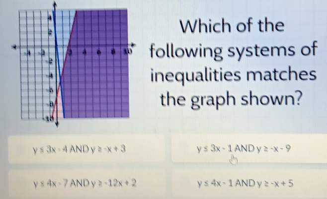 Which of the
following systems of
inequalities matches
the graph shown?
y≤ 3x-1
y≤ 3x-4ANDy≥ -x+3 AND y≥ -x-9
y≤ 4x-7 AND y≥ -12x+2 y≤ 4x-1 AND y≥ -x+5