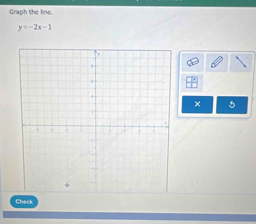 Graph the line.
y=-2x-1
× 
Check