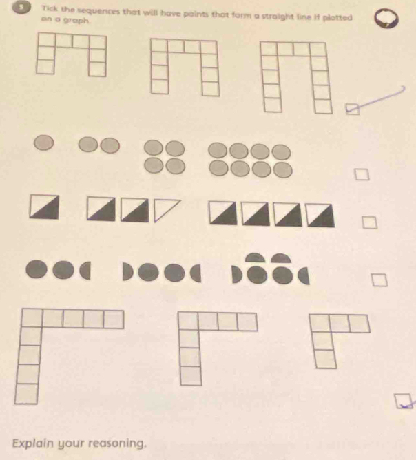 Tick the sequences that will have paints that form a stroight line if plotted 
on a graph. 
Explain your reasoning.