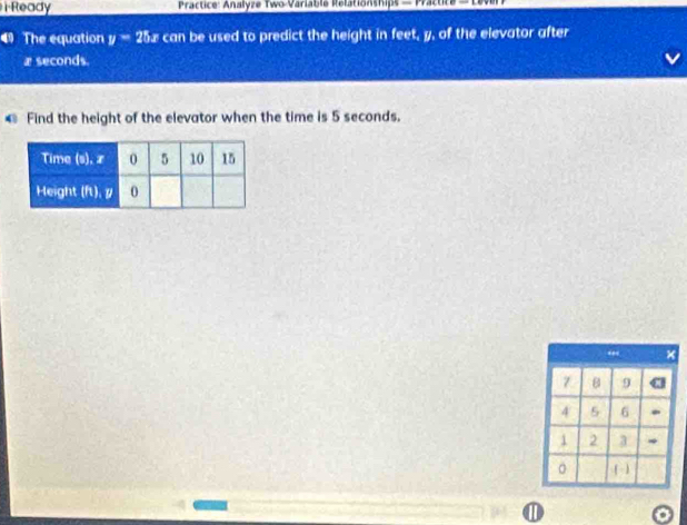 Ready Practice: Analyze Two-Varlabla Relationships - Practire 
The equation y=25x overline CB n be used to predict the height in feet, y, of the elevator after
x seconds. 
€ Find the height of the elevator when the time is 5 seconds. 
← × 
B 9
4 5 6
1 2 3 * 
。 ( ) 
⑪