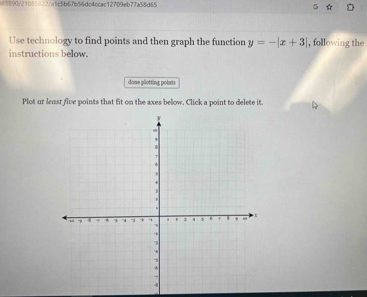 083890/21085822/a1c5b67b56dc4ccac12709eb77a58d65 
Use technology to find points and then graph the function y=-|x+3| , following the 
instructions below. 
done plotting points 
Plot at least five points that fit on the axes below. Click a point to delete it.
