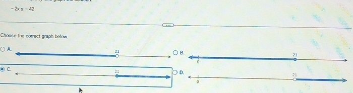 -2x≤ -42
Choose the correct graph bellow. 
C.
21