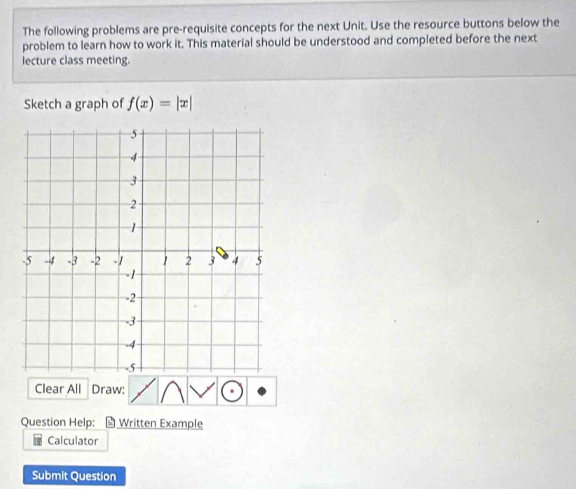 The following problems are pre-requisite concepts for the next Unit. Use the resource buttons below the 
problem to learn how to work it. This material should be understood and completed before the next 
lecture class meeting. 
Sketch a graph of f(x)=|x|
Clear All Draw: 
Question Help: Written Example 
Calculator 
Submit Question