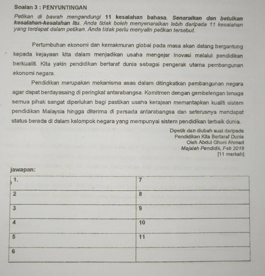 Soalan 3 : PENYUNTINGAN 
Petikan di bawah mengandungi 11 kesalahan bahasa. Senaraikan dan betulkan 
kesalahan-kesalahan itu. Anda tidak boleh menyenaraikan lebih daripada 11 kesalahan 
yang terdapat dalam petikan. Anda tidak perlu menyalin petikan tersebut. 
Pertumbuhan ekonomi dan kemakmuran global pada masa akan datang bergantung 
kepada kejayaan kita dalam menjadikan usaha mengejar inovasi melalui pendidikan 
berkualiti. Kita yakin pendidikan bertaraf dunia sebagai pengerak utama pembangunan 
ekonomi negara. 
Pendidikan merupakan mekanisma asas dalam ditingkatkan pembangunan negara 
agar dapat berdayasaing di peringkat antarabangsa. Komitmen dengan gembelengan tenaga 
semua pihak sangat diperlukan bagi pastikan usaha kerajaan memantapkan kualiti sistem 
pendidikan Malaysia hingga diterima di persada antarabangsa dan seterusnya mendapat 
status berada di dalam kelompok negara yang mempunyai sistem pendidikan terbaik dunia. 
Dipetik dan diubah suai daripada 
Pendidikan Kita Bertaraf Dunia 
Oleh Abdul Ghoni Ahmad 
Majalah Pendidik, Feb 2018 
[11 markah] 
jawapan: