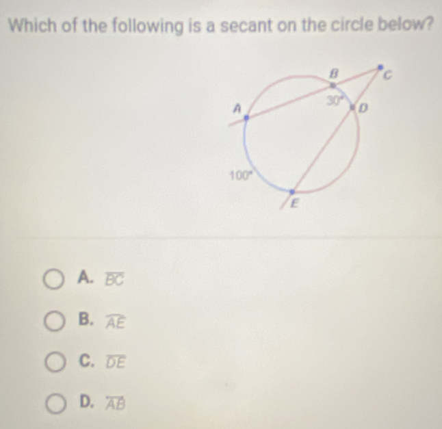 Which of the following is a secant on the circle below?
A. overline BC
B. widehat AE
C. overline DE
D. overleftrightarrow AB