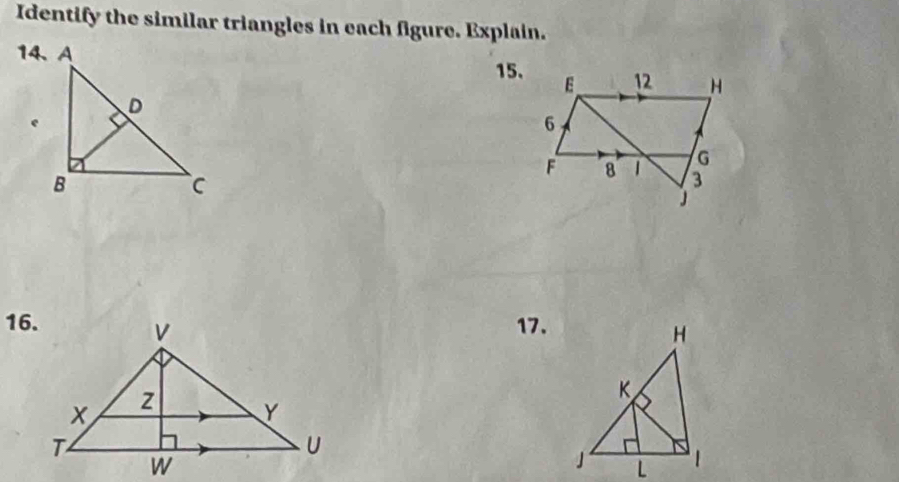 Identify the similar triangles in each figure. Explain. 
15. 
16.17.