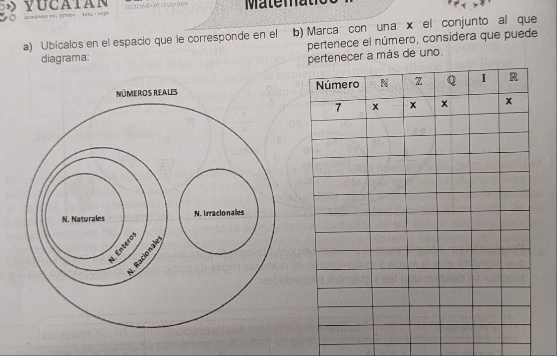 yucatan Secretaría de educación Matema 
GOBIERNO DEL EStadO 2024 - 2030 
a) Ubícalos en el espacio que le corresponde en el b) Marca con una x el conjunto al que 
pertenece el número, considera que puede 
diagrama: 
tenecer a más de uno.