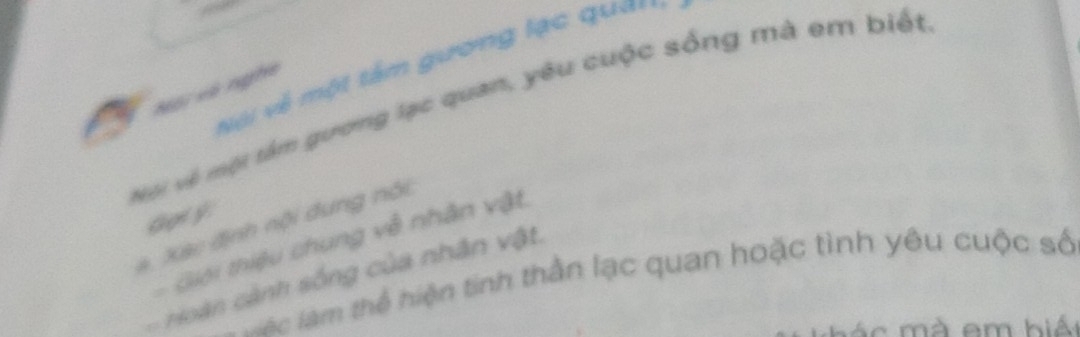 về một tầm gương lạc qu=== 
Npi và nghệ 
Nội vệ một tâm gương lạc quan, yêu cuộc sống mà em biết 
Ggty 
#, Xac định nội dung nói 
Giới thiệu chung về nhân vật 
ác làm thể hiện tinh thần lạc quan hoặc tình yêu cuộc số 
oàn cành sống của nhân vật.