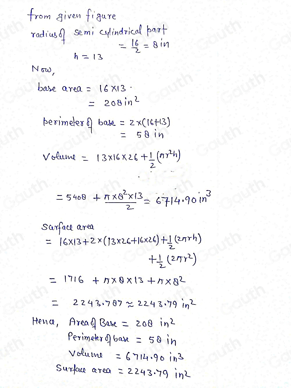 Solved: FIND THE VOLUME AND SURFACE AREA Area of Base Perimeter of Base ...