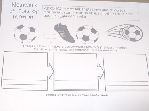 Newton's An object at rest will stay at rest and an object in
1^(st) Law of motion will stay in motion unless another force acts 
Motion: upon it. (Law of Inertia) 
Create a 3 -frame storyboard demonstrating Newton's first law of motion 
Use illustrations, labels, and sentences to share your story. 
_ 
_ 
_ 
_ 
_ 
_ 
_ 
__ 
Megan Harris 2019 ∞ Science Time with Mrs. Harris